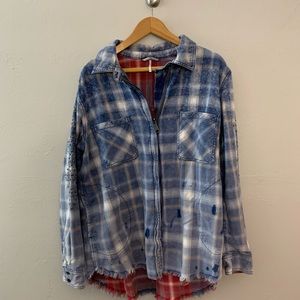 Free People distress flannel zip-up studded jacket